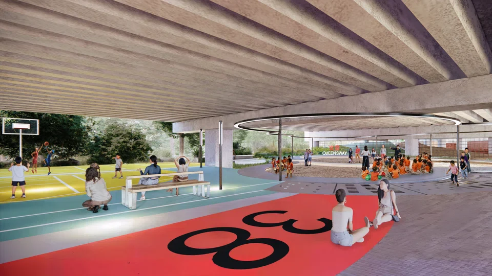 An artists impression of a new multi functional space for sports events and gatherings which will be created underneath the Queensway viaduct An artist’s impression of a new multi-functional space for sports, events and gatherings which will be created underneath the Queensway viaduct.